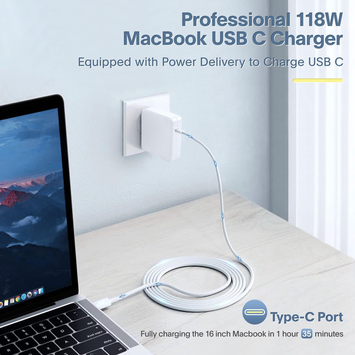 Azacvb Professional 118W USB-C Charger in action, fully charging a 16-inch MacBook in just 1 hour and 35 minutes, highlighting its powerful performance.