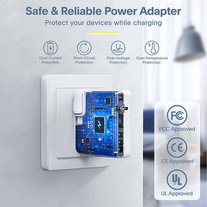 Azacvb Safe & Reliable Power Adapter with visible internal circuitry, featuring over-current, short-circuit, over-voltage, and over-temperature protection, FCC, CE, and UL approved for ultimate device safety.