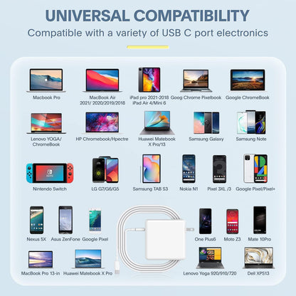 Azacvb USB-C Charger offers universal compatibility with a variety of USB-C port electronics, including MacBook Pro, iPads, smartphones, and more, making it a versatile charging solution.