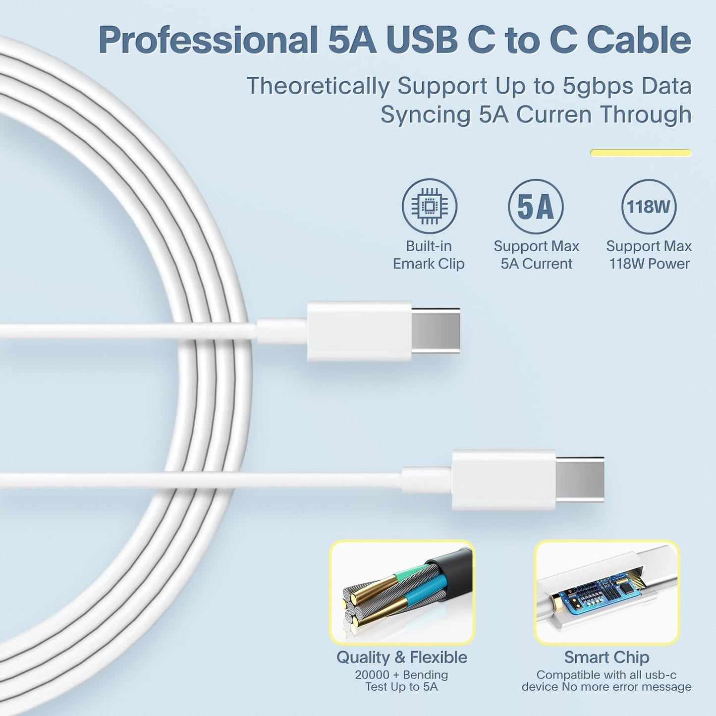 Azacvb Professional 5A USB-C to C Cable supports up to 5Gbps data syncing and max 118W power, built-in Emark chip ensures quality and flexibility with smart chip compatibility.