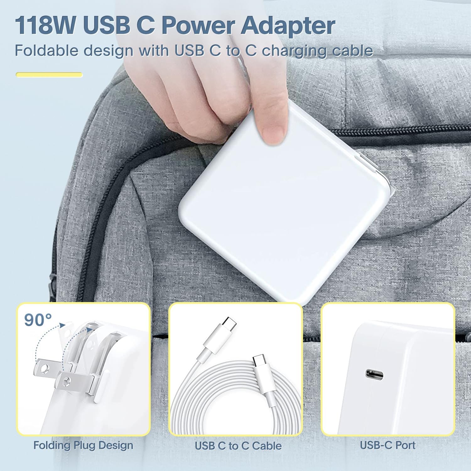 Azacvb 118W USB-C Power Adapter with foldable design and USB-C to C charging cable, featuring 90° folding plug design, compact USB-C port, and portable storage in a backpack.