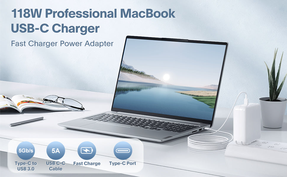 Azacvb 118W Professional MacBook USB-C Charger in use on a desk, highlighting its fast charging capabilities, 5Gbps data transfer, and Type-C port compatibility. Perfect for professionals and tech enthusiasts.