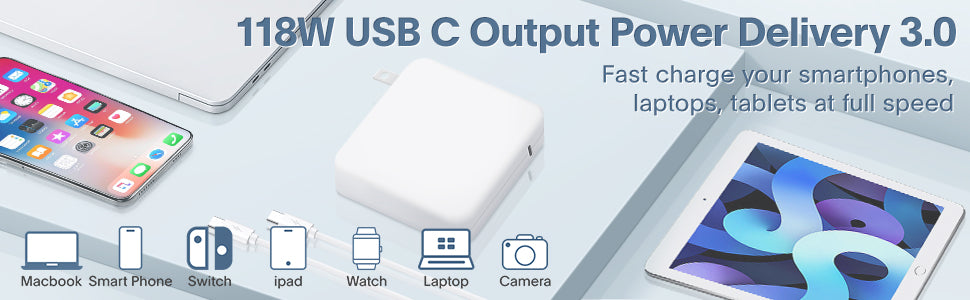 Azacvb 118W USB-C Output Power Delivery 3.0 charger shown with various devices like smartphones, laptops, tablets, and cameras, emphasizing its ability to fast charge at full speed, ensuring all your devices stay powered up.