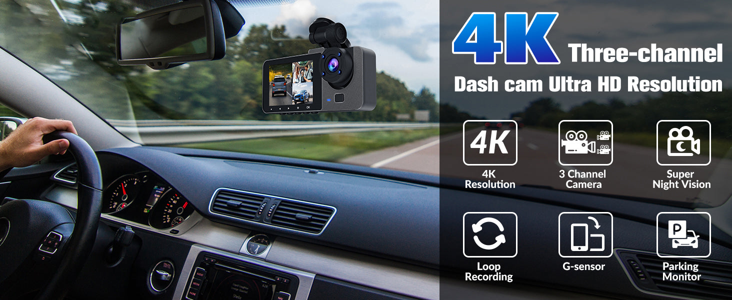 Azacvb 3-Channel 4K Dash Cam with Ultra HD Resolution, Night Vision, G-Sensor, and Parking Monitor