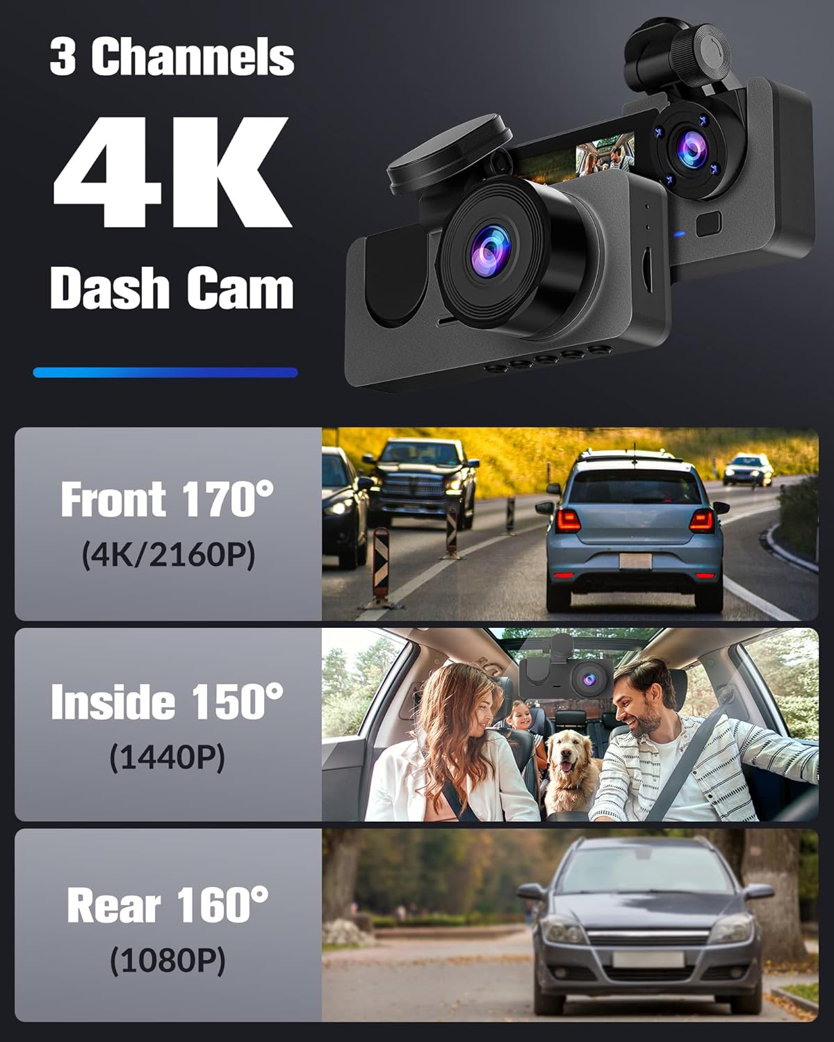 Azacvb 3-Channel 4K Dash Cam with Front (170° 4K), Inside (150° 1440P), and Rear (160° 1080P) Camera Coverage